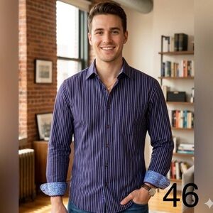 Bugatchi Navy and Black Striped Button Down Shirt
